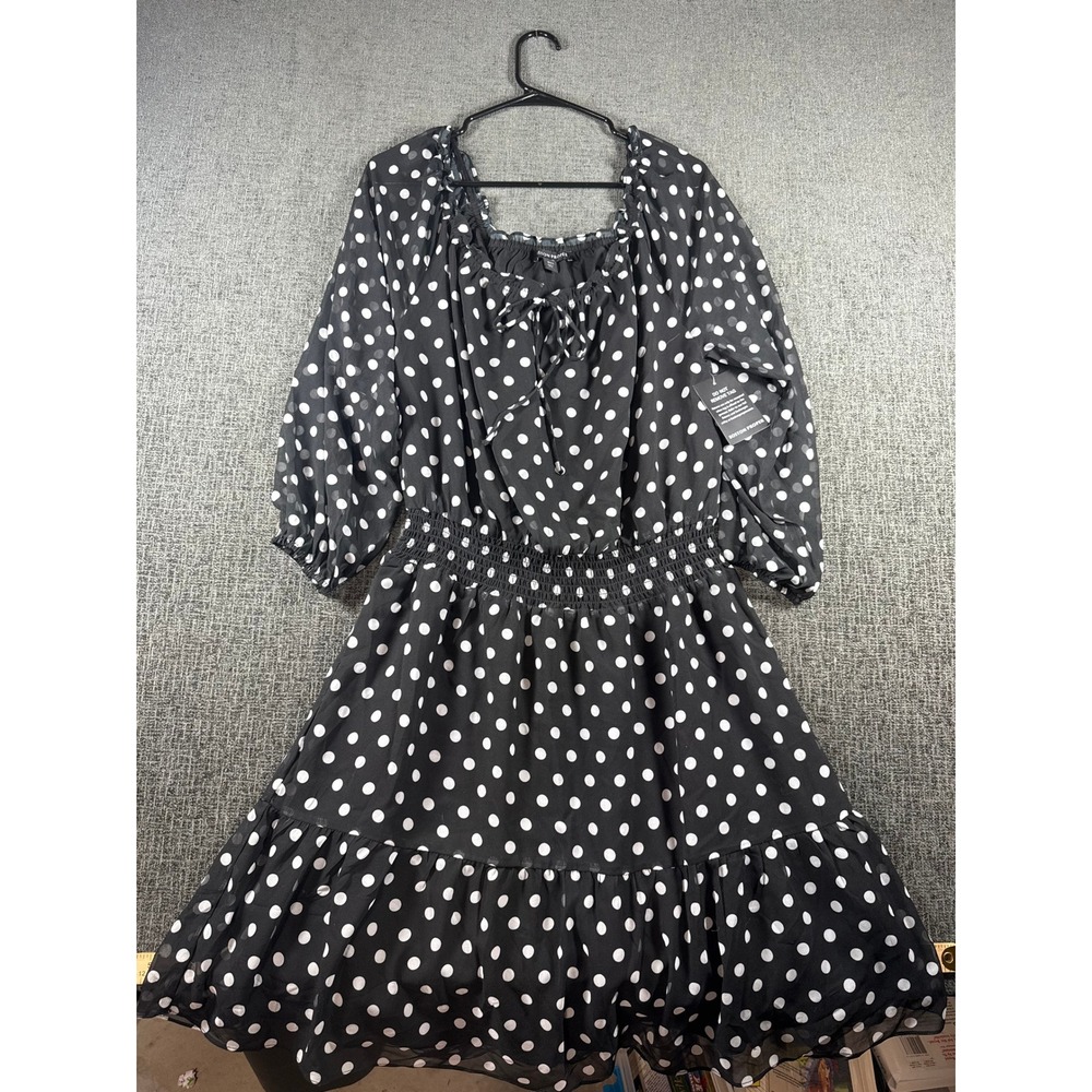 Boston Proper Polka Dot Smocked Waist Tiered Ruffle Dress Black White Large